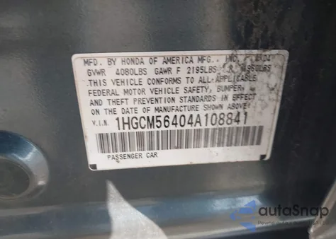 2004 Honda Accord 2.4 Lx из США, поврежденный, VIN 1HGCM56404A108841